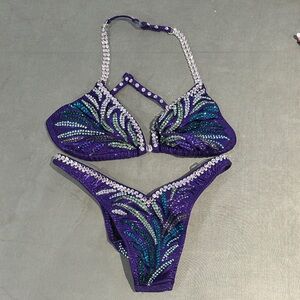 Embellished Purple Bodybuilder Competition Bikini Set with Teal Accents